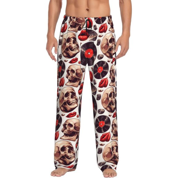 Vsdgher record lips Skull Print Mens Pajama Pants Sleep & Lounge Pants, PJ Bottoms With elastic waistb and Pockets