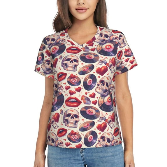 Vsdgher record rock Skull lips Women Shirts V Neck Short Sleeve Tops T-Shirt Basic Tees, S to 3XLSmall