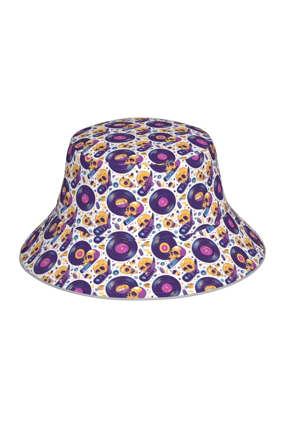 record rock Skull star Print Bucket Hat for Men&Women Bucket Hat Reversible Summer Double-Side-Wear Travel Gardening, Beach, Camping, Hiking, Fishing Cap