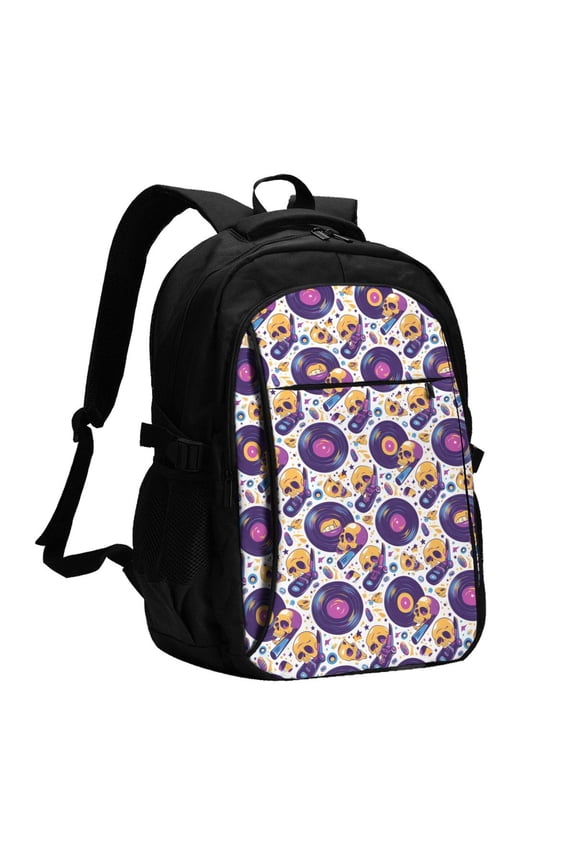 record rock Skull star Print Travel Laptop Backpack, Laptops Backpack with USB Charging Port, Water Resistant Computer Bag Gift for Men & Women