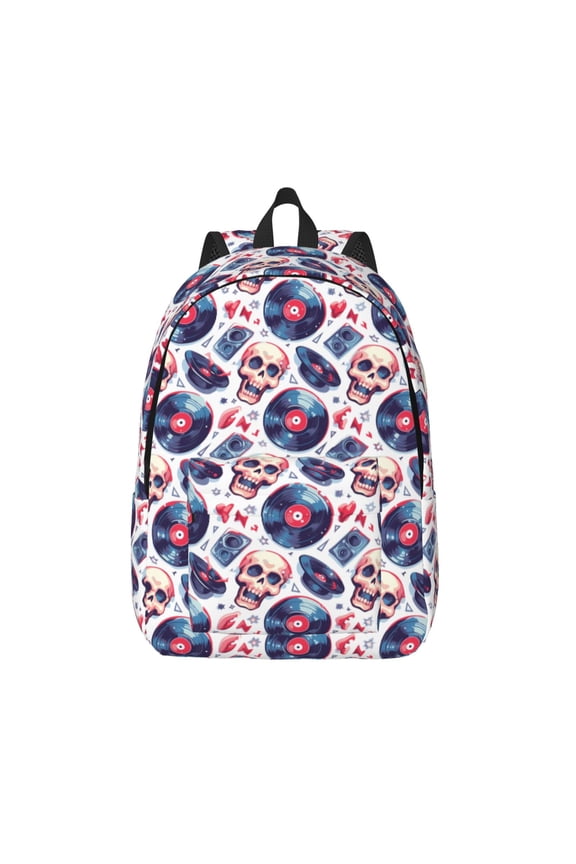 record rock music Skull Print Canvas Backpack Travel Rucksack Unisex Knapsack 15.7/17.7Inch Laptop Backpack for Work,College -Medium