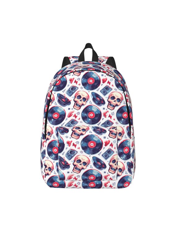record rock music Skull Print Canvas Backpack Travel Rucksack Unisex Knapsack 15.7/17.7Inch Laptop Backpack for Work,College -Small