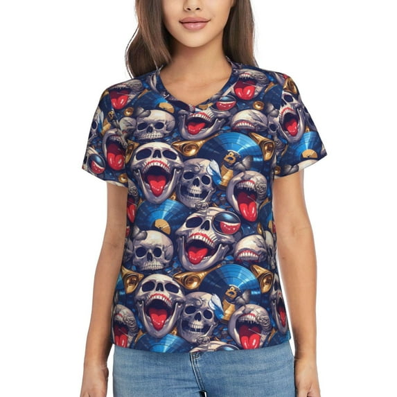 Vsdgher rock Skull blue record Women Shirts V Neck Short Sleeve Tops T-Shirt Basic Tees, S to 3XL3X-Large