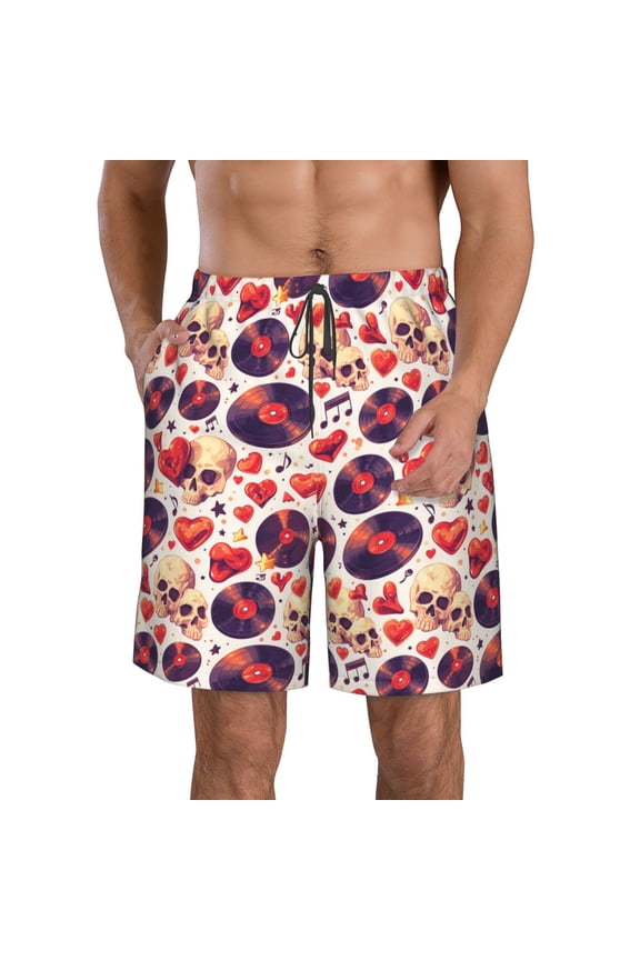 rock Skull record heart Men's Beach Shorts, Surfing shorts, Swim trunks, Quick Dry Swim Trunks for Surfing Beach Fun -Small