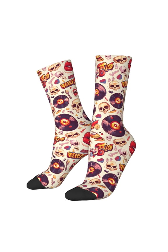 rock music Skull record Crew Socks for Men & Women, Breathable Casual Athletic Ankle Socks