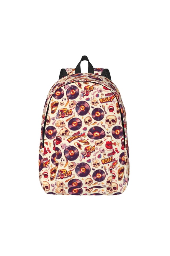 rock music Skull record Print Canvas Backpack Travel Rucksack Unisex Knapsack 15.7/17.7Inch Laptop Backpack for Work,College -Medium