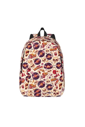 rock music Skull record Print Canvas Backpack Travel Rucksack Unisex Knapsack 15.7/17.7Inch Laptop Backpack for Work,College -Small