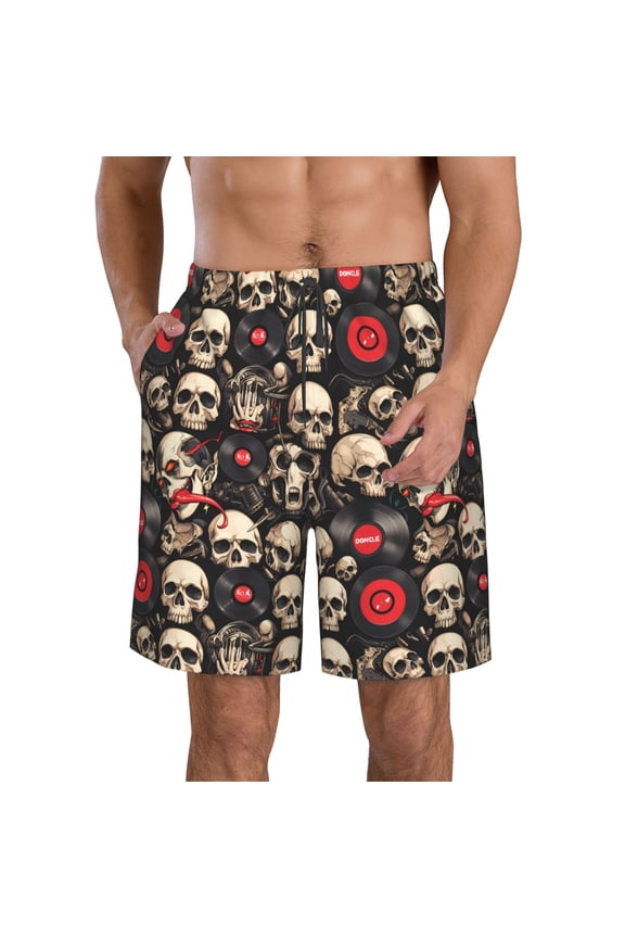 rock record Skull Men's Beach Shorts, Surfing shorts, Swim trunks, Quick Dry Swim Trunks for Surfing Beach Fun -Small