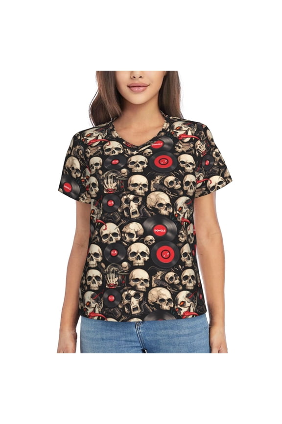 rock record Skull Women Shirts V Neck Short Sleeve Tops T-Shirt Basic Tees, S to 3XLMedium
