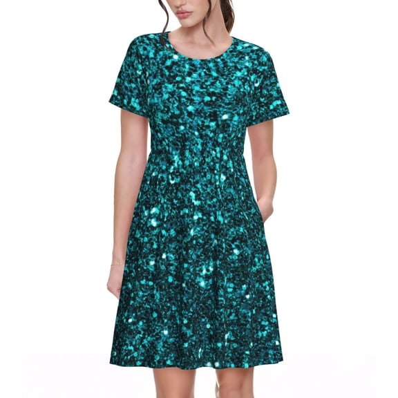 Vsdgher teal sparkling for Womens Summer 2025 Casual Midi Maxi Dresses Lightweight Short Sleeve Round Neck Beach Dress -3X-Large