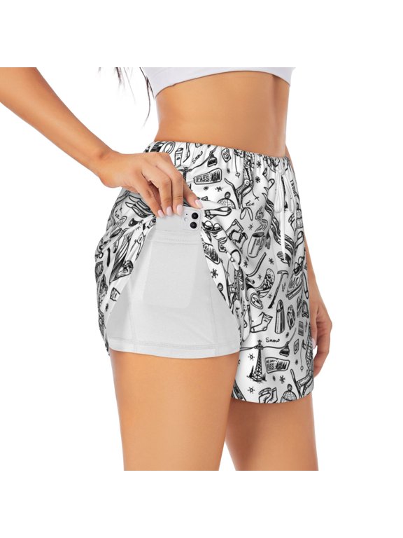 winter Ski Element Athletic Shorts for Women, Women's Running Double Layer Shorts, High Waisted Yoga Shorts, Workout Athletic Shorts-Large