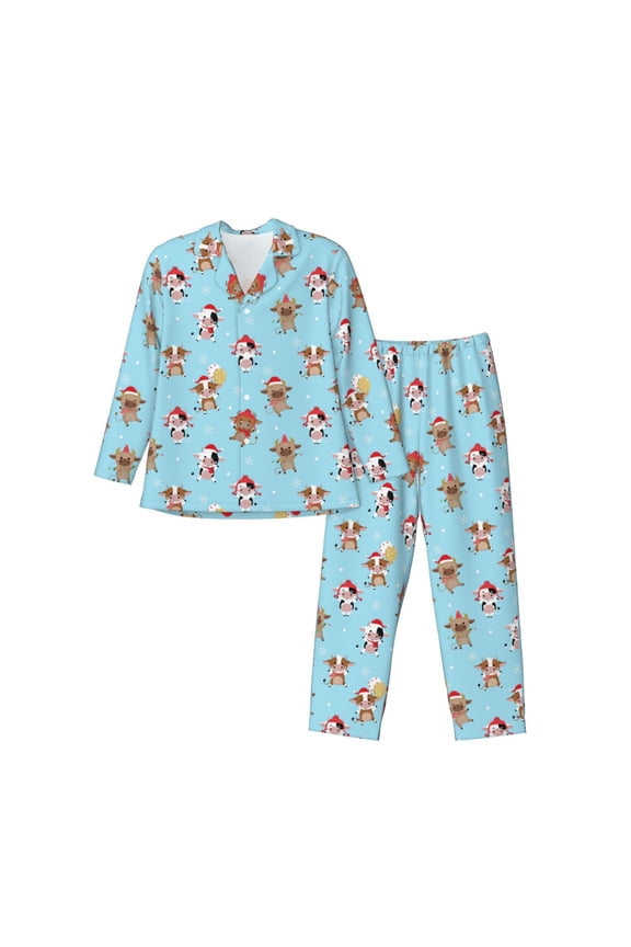 winter cow cute Mens Pajama Set, Soft Warm Long Sleeve Sleepwear, Cozy Button-Down Pjs for Men-Medium
