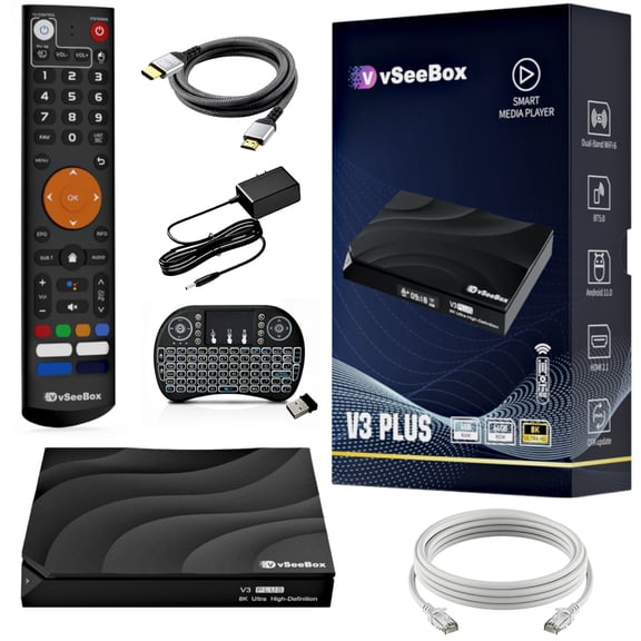 Newest Version Smart Vseebox V3 Plus, 4GB RAM, 64GB Storage, 8K clarity,with Voice Remote Control, Mini Keyboard,8K HDMI Cable,ethernet cable,new Live Ultra.