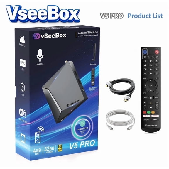 Vseebox V5 PRO 2025 Voice Control TV Box - Android 12, 4GB RAM 32GB Storage, 8K HDMI+Ethernet Cable & Lifetime Tech Support