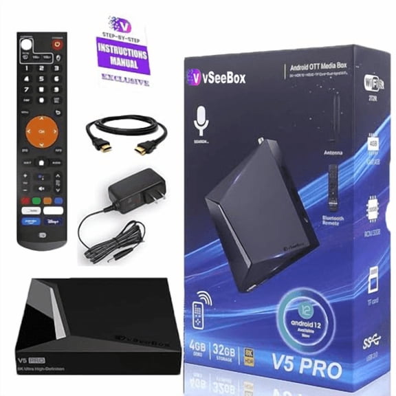 Vseebox V5 PRO Android TV Box 2025 Fully Loaded,4G RAM+32G ROM TV Box,Voice Remote, 8K, Easy Setup Guide, Included 8 Gifts