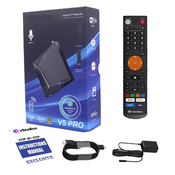Vseebox V5 Pro Android 12.0 4K UHD Smart TV Box with 4GB RAM 32GB Storage, Dual-Band WiFi 6, Bluetooth 5.0, Voice Remote