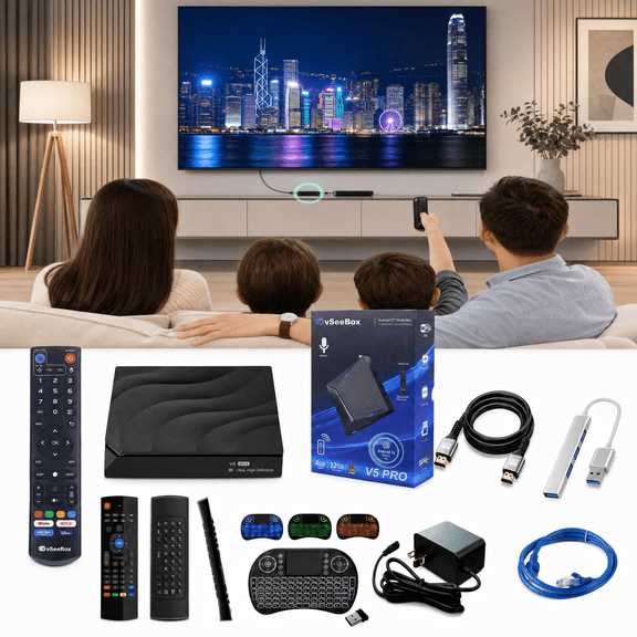Vseebox V5 Pro with Backlit Mini Keyboard, Voice Control, 2 Cable, Android 14, 4GB RAM, 32GB Storage