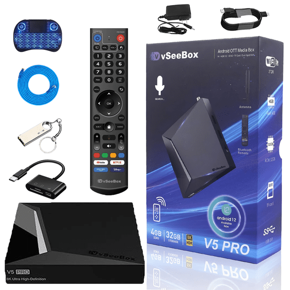 Vseebox V5 pro 2026 Version - Voice Control, 8K HDMI & Ethernet Cable, Android 12, 4GB RAM 32GB Storage, Amazing Household Device Perfect Gift for Family, Send Goods from Local Warehouse