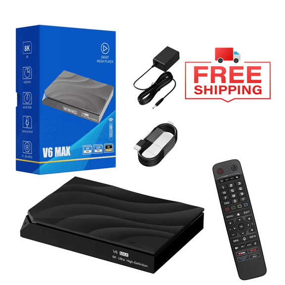 Vseebox V6 Max Android 14 TV Box - 4GB RAM 64GB, 8K HDMI, WiFi 6, Voice Control, Backlit Bluetooth Remote