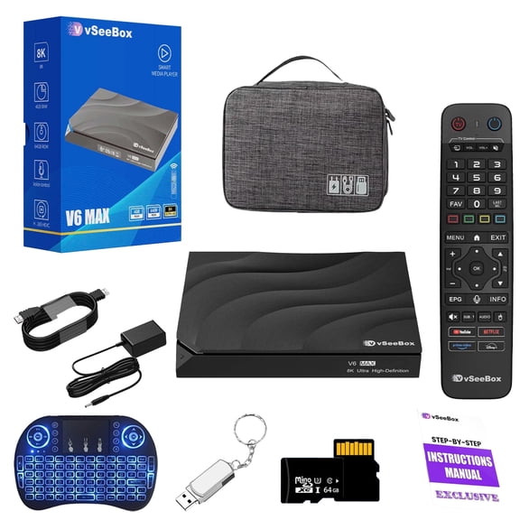 Vseebox V6 Max Android 14 TV Box with 8K HDR, 4GB RAM 64GB ROM, WiFi 6 & Backlit Bluetooth Remote
