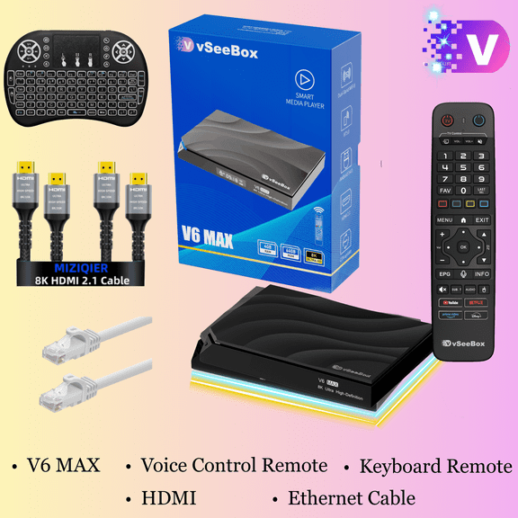 Vseebox V6 Max Android 14 with 4GB+64GB Storage and Vsee Box Voice Remote with Vseebox Set for 6K HD, Wi-Fi 6