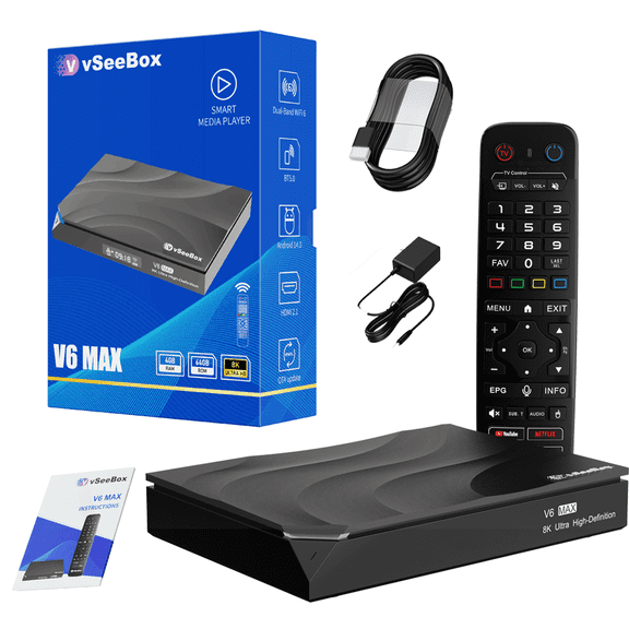 Vseebox V6 Max Streaming Device, 8K HDRi 4GB RAM 64GB Storage Backlit Bluetooth Remote
