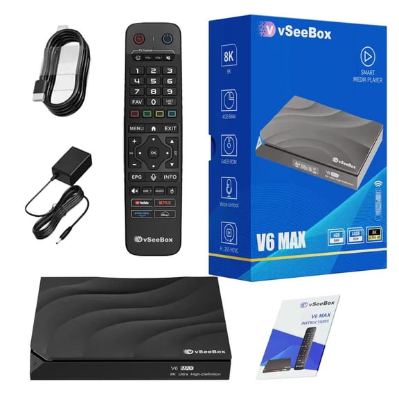 Vseebox V6 Max Streaming Device, Voice Control 8K HDRi Backlit Bluetooth Remote, 4+64gb