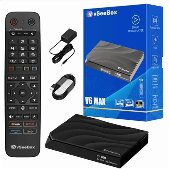 Vseebox V6 Max Version Voice Control, 8K HDMI, Android 14, 4GB RAM, 64GB Storage
