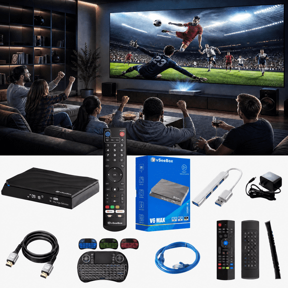 Vseebox V6 Max with Voice Control, 2 Cable, Android 14, 4GB RAM, 64GB Storage