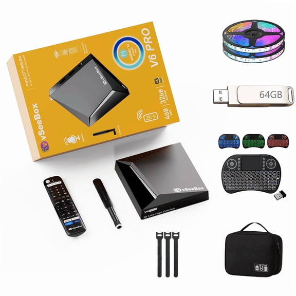 Vseebox V6 Pro Android 14 8K Ultra HD Bundle, Voice Remote, 64GB USB Drive, HDMI Cable, TV Ambient Light, Plug & Play Kit