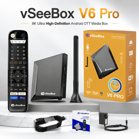 Vseebox V6 Pro Version With Voice Control, 8K HDMI, Android 14, 4GB RAM, 32GB Storage