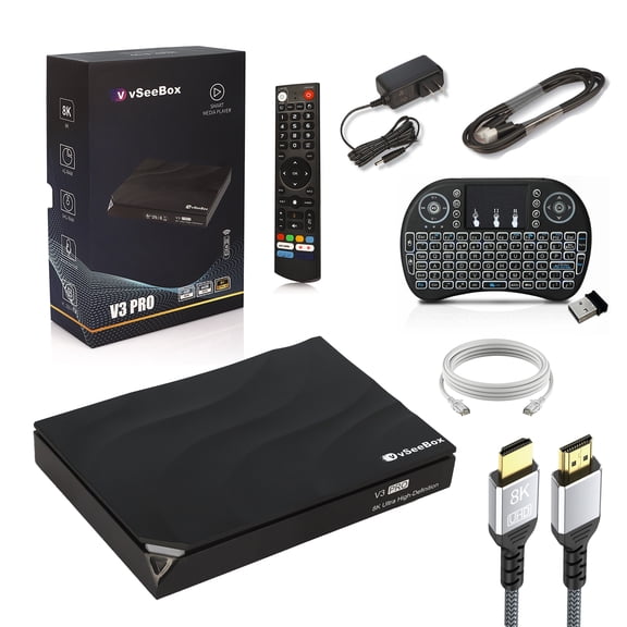 Vseebox newest Version TVBOX V3 Pro, Android 11  technology,with Voice Remote Control, 8K HDMI Cable, Mini Keyboard,Ethernet,4GB RAM, 64GB Storage.
