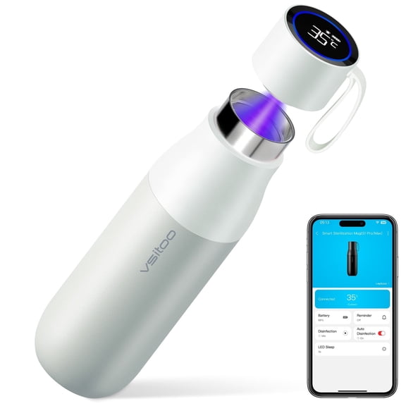 Vsitoo 15oz Self-Cleaning Smart Water Bottle, Insulated Stainless Steel with UV Purification, Perfect for Purses & Teens, White