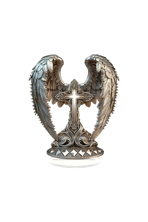 8 Inch Angel Wing Cross Tabletop Decor - Acrylic Cross-Shaped Christian Home Accent With Stand, Elegant Decoration For Easter, Table, Desk, Wall | Inspirational Gift Gray 8Inch