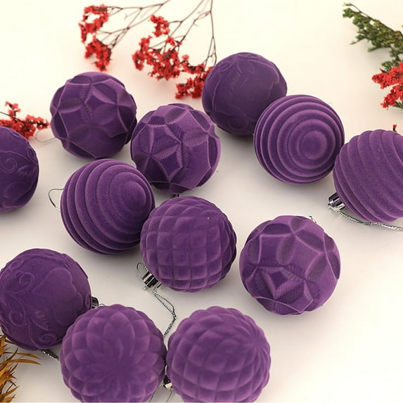 Vsontor Flocked Ornaments For Christmas Tree Decorations - 12Pcs 6Cm Velvet Ball Ornament For Xmas Holiday Decor - Plastic Shatterproof Christmas Ornaments Bulk Purple 6Cm