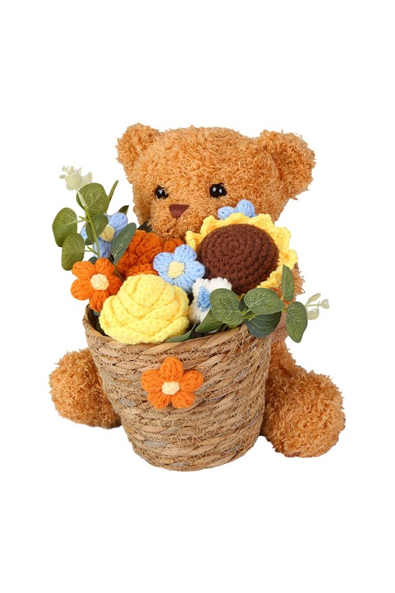 Handmade Crochet Rose Bouquet,Artificial Flowers Knitted Flower Bouquet With Cute Plush Bear Romantic Gift For Valentine’S Day, Mother’S Day, Birthday & Anniversary Yellow