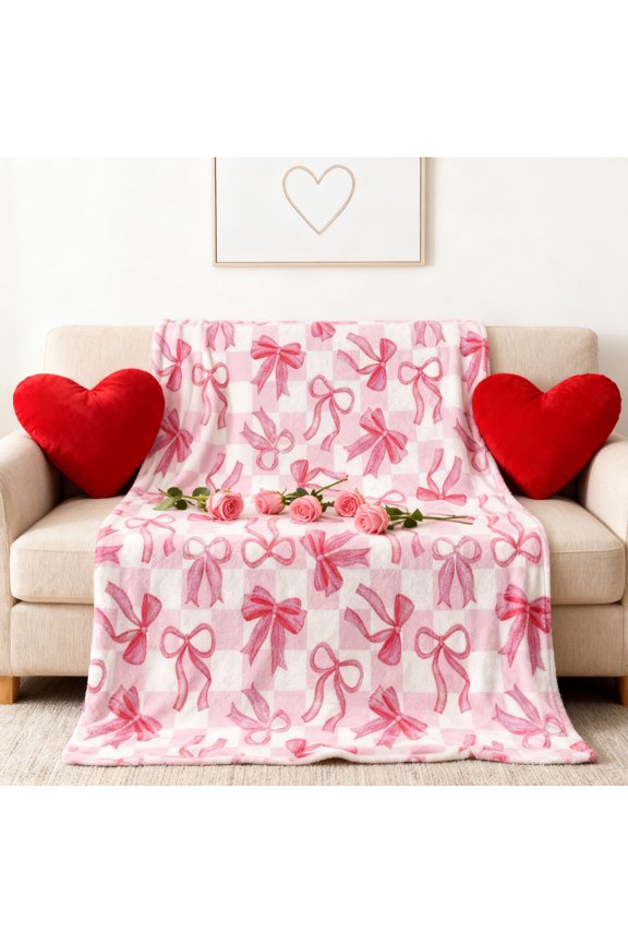 Pink Bow Throw Blanket Preppy Blanket Flannel Soft Cute Bow Decor Lightweight Room Christmas Thanksgiving Decor Gifts For Women Friends For Sofa Couch Travel Bed Pink-1 40*60Inch