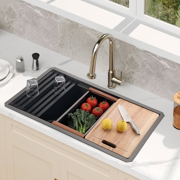 VsusKoos 33'' Undermount Sink Workstation, 304 Stainless Steel Sink Kitchen Sink with Cutting Board, Colander, Roll-Up Rack and Bottom Grid