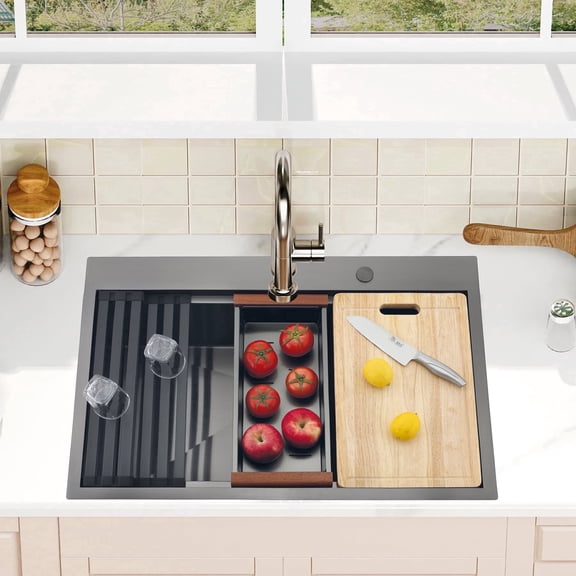 VsusKoos Kitchen 33" Top-Mount Sink, 304 Stainless Steel Deep Basin, 16-Gauge Thickened, Includes Cutting Board/Drain Rack/Colander