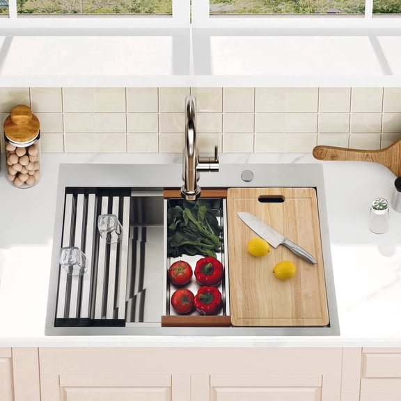 VsusKoos Kitchen 33" Top-Mount Sink, 304 Stainless Steel Deep Basin, 16-Gauge Thickened, Includes Cutting Board/Drain Rack/Colander