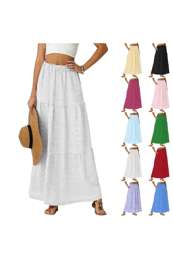 Ladies'Colored Court-style Hollow-out Patchwork High-waisted Multi-layer Pleated Long Skirt A Line Skirt Casual