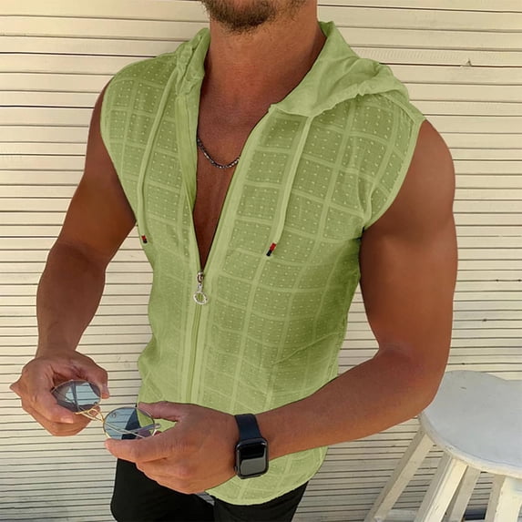 VtModv Men Casual Fashion Sleeveless Hooded Solid Pullover Zipper Sports Tank Beach Top Going Out Running Vest Athletic Bodybuilding Tee