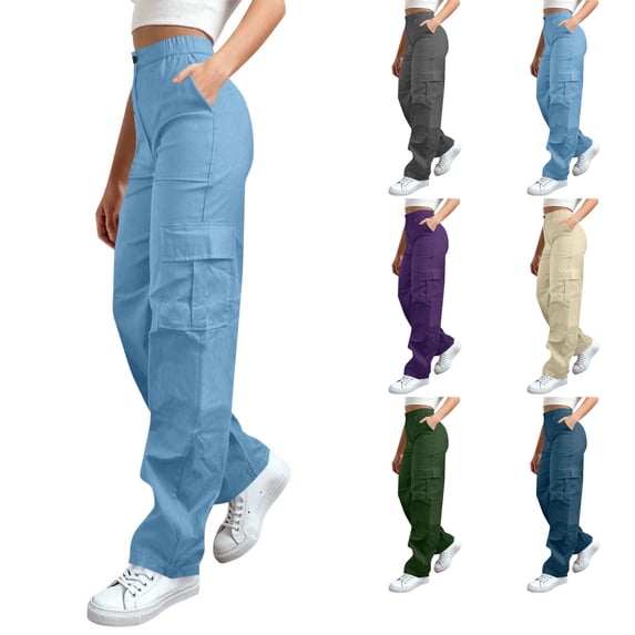 VtModv Women Solid Color With Elastic Waist Casual Clothes Pockets Full Length Pants Senior Front Cargo Pants Women