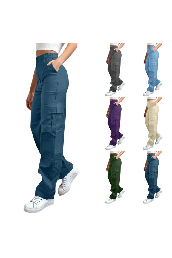 Women Solid Color With Elastic Waist Casual Clothes Pockets Full Length Pants Senior Front Cargo Pants Women