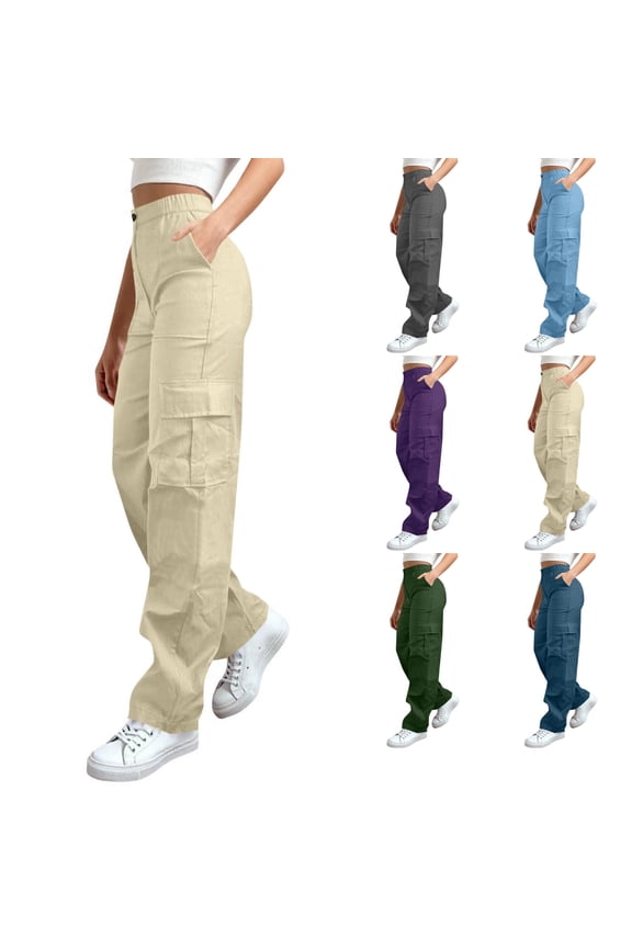 Women Solid Color With Elastic Waist Casual Clothes Pockets Full Length Pants Senior Front Cargo Pants Women