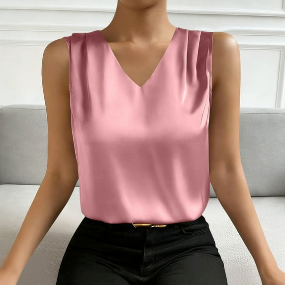 VtModv Women's Casual Fashion Solid Color V-Neck Satin Top Business Casual Outfits Going Out Tops Gifts For Women