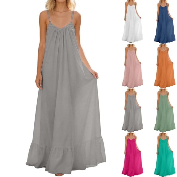 VtModv Women's Linen Fashionable Loose V-neck Bandage Casual Hem With Pleats Hanging Suspender Style Skirt Adjustable Ruffle Dress Beach
