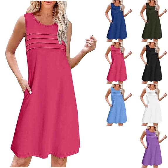 VtModv Women's Summer Solid Color Loose Sleeveless Round Neck Front Pleated Short Dress Going Out Sundresses For Women