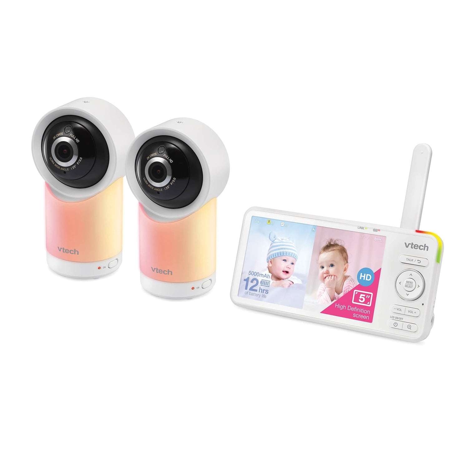 VTech RM57662HD Smart Wi-Fi 1080p 2-Camera 360-Pan-and-Tilt Video Baby Monitor System with 5-In. Display, Night-Light, and Remote Access, White, RM5766-2HD