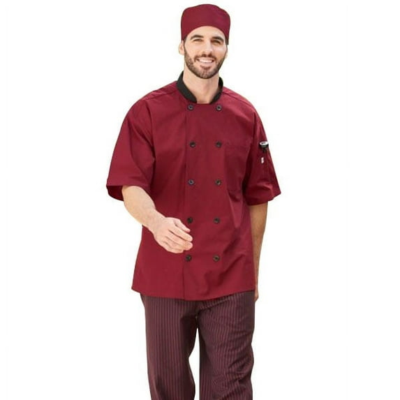 Vtex Uncommon Threads Womens Havana Chef Coat SS Mesh Black Trim - Burgundy - Extra Small